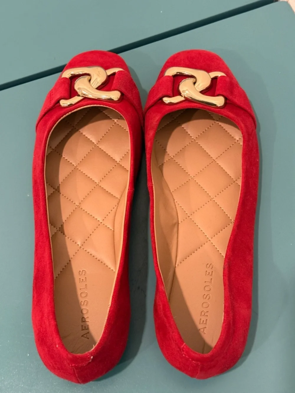 AEROSOLES Candice Red Suede Flats with Gold Chain Accent